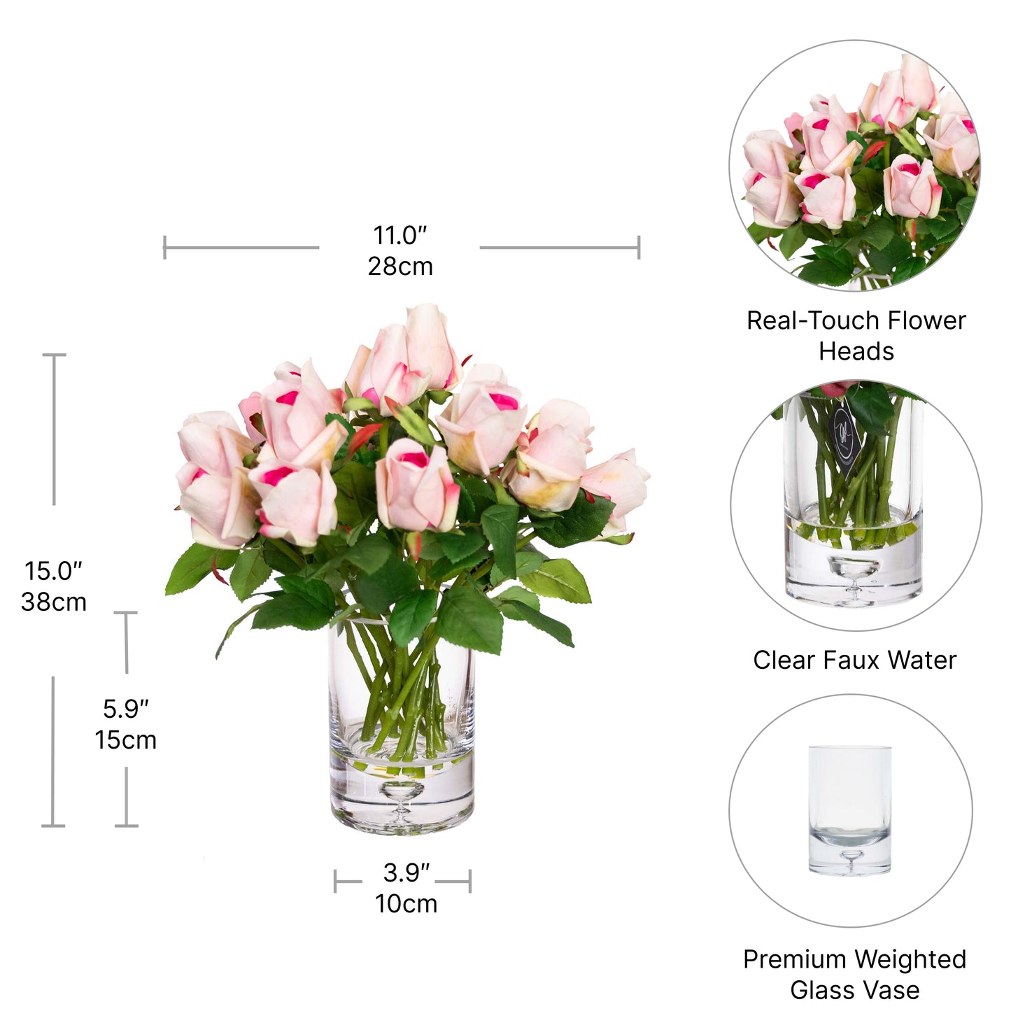 38cm Rose Arrangement in Glass Cream Pink
