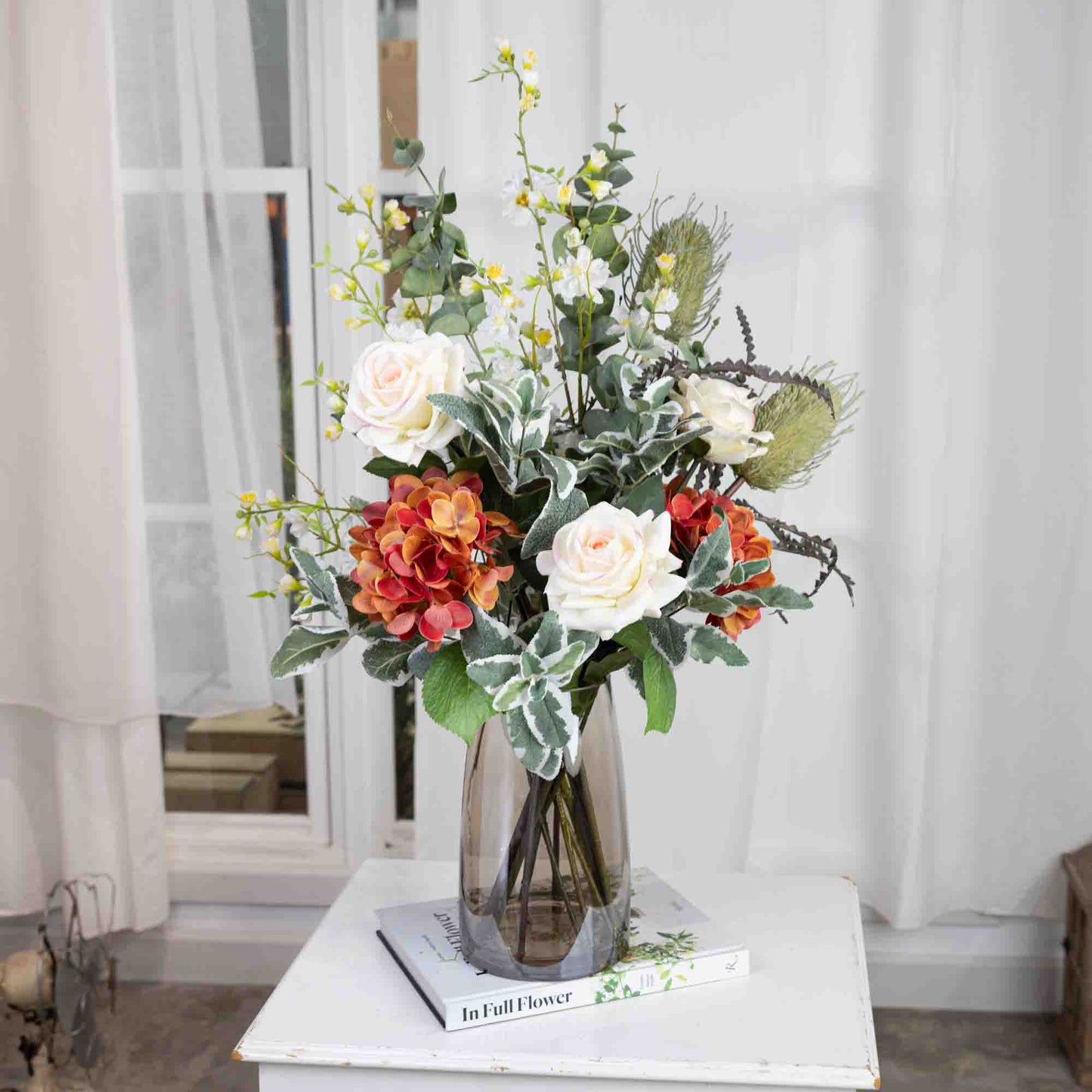 Glamorous Fusion Artificial Hydrangea & Banksia Mixed Arrangement - Artificial Flower Arrangements and Artificial Plants