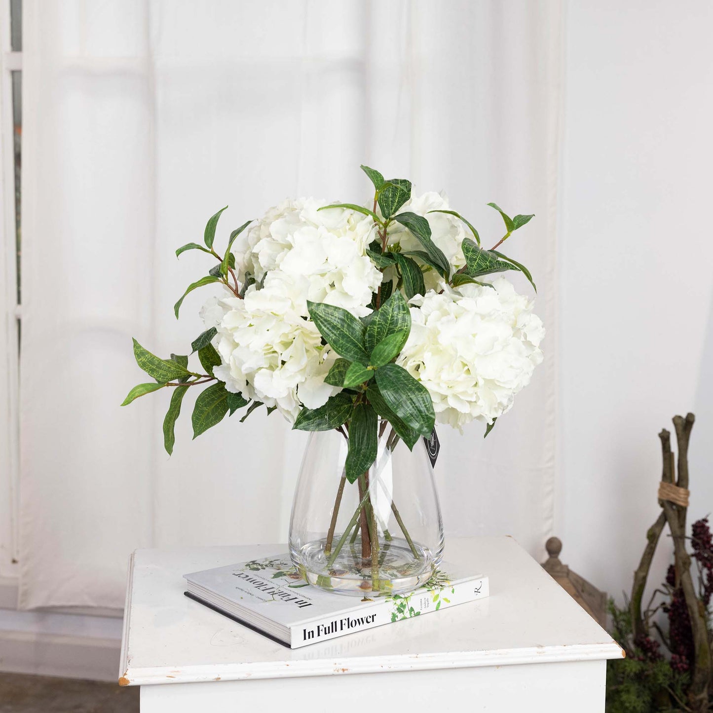 Glamorous Fusion 40cm Hydrangea Arrangement in Glass Vase - Artificial Flower Arrangements and Artificial Plants