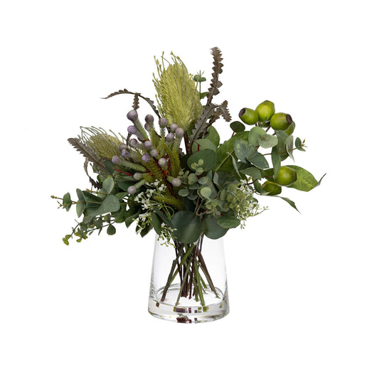 Glamorous Fusion Dark Green Gumnut Native Arrangement - Artificial Flower Arrangement and Artificial Plants
