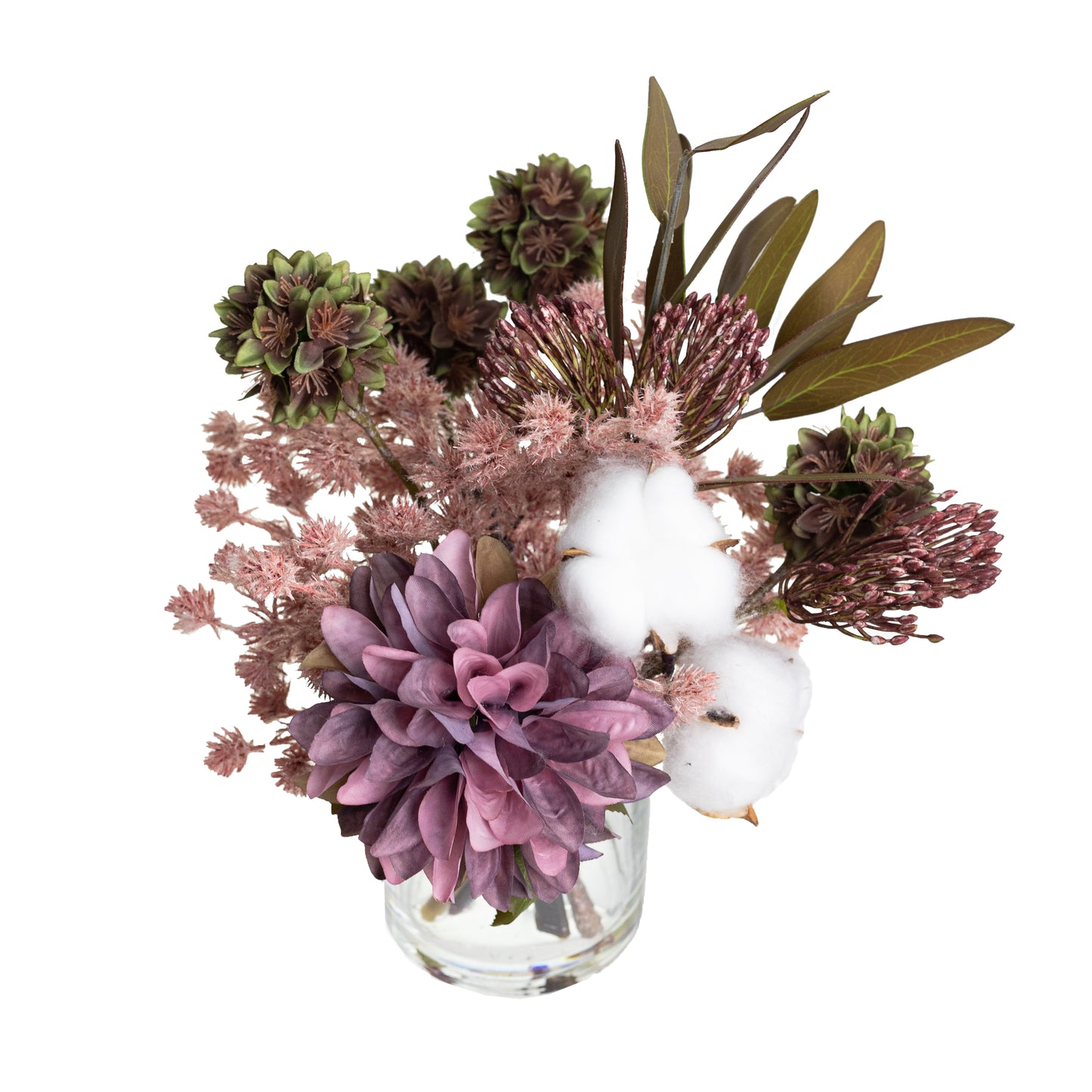 25cm Dahlia & Cotton Mixed Arrangement in Glass Lavender