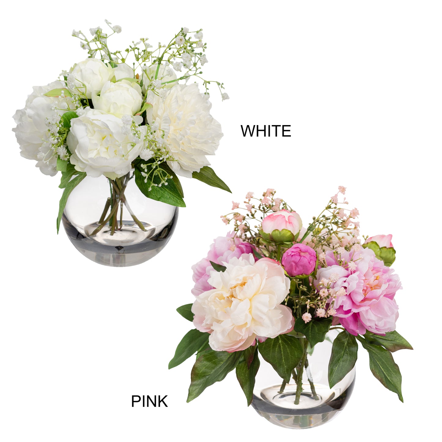 34cm Artificial Peony Mixed Arrangement in Fishbowl Vase Pink