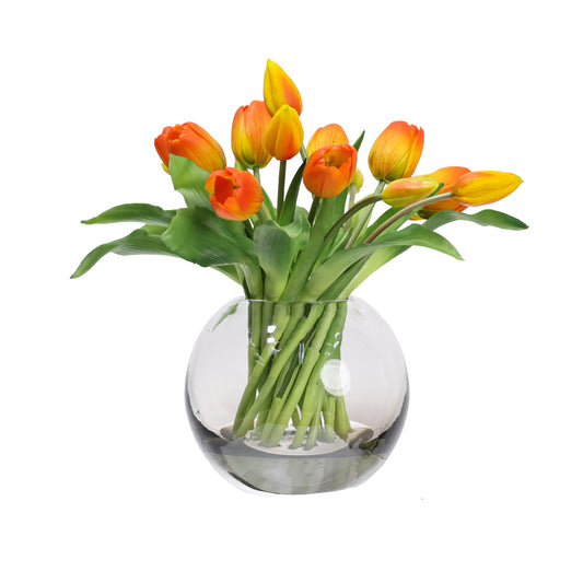 Glamorous Fusion 29cm Tulip Arrangement in Fishbowl Vase - Artificial Flower Arrangements and Artificial Plants