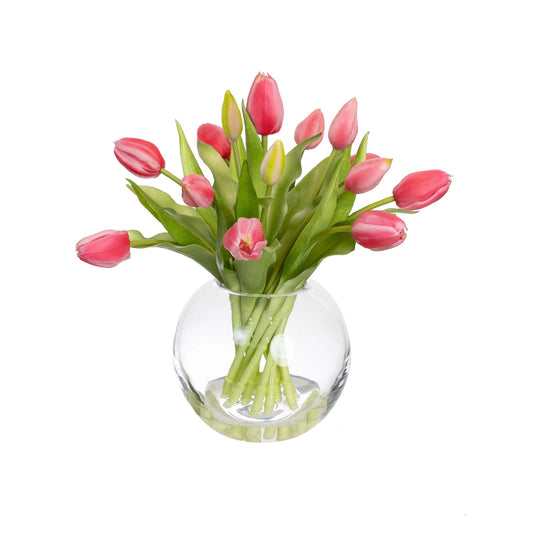 Glamorous Fusion 29cm Tulip Arrangement in Fishbowl Vase - Artificial Flower Arrangements and Artificial Plants