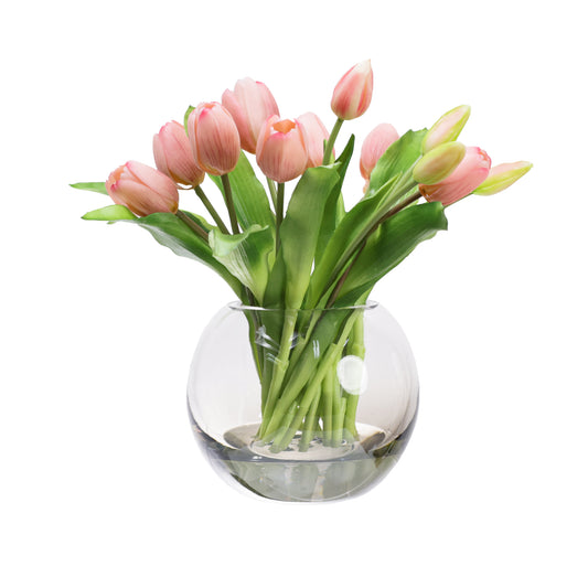 Glamorous Fusion 29cm Tulip Arrangement in Fishbowl Vase - Artificial Flower Arrangements and Artificial Plants