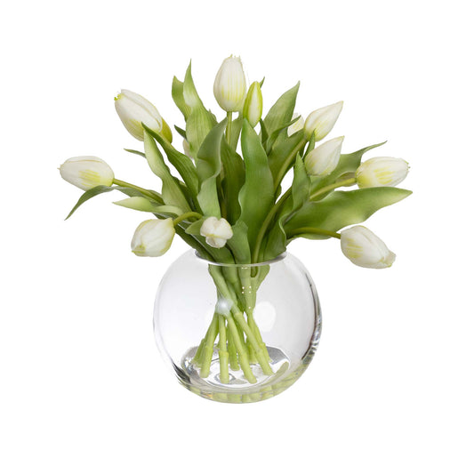 Glamorous Fusion 29cm Tulip Arrangement in Fishbowl Vase - Artificial Flower Arrangements and Artificial Plants
