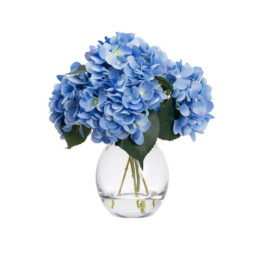 27cm Hydrangea Arrangement in Glass Blue