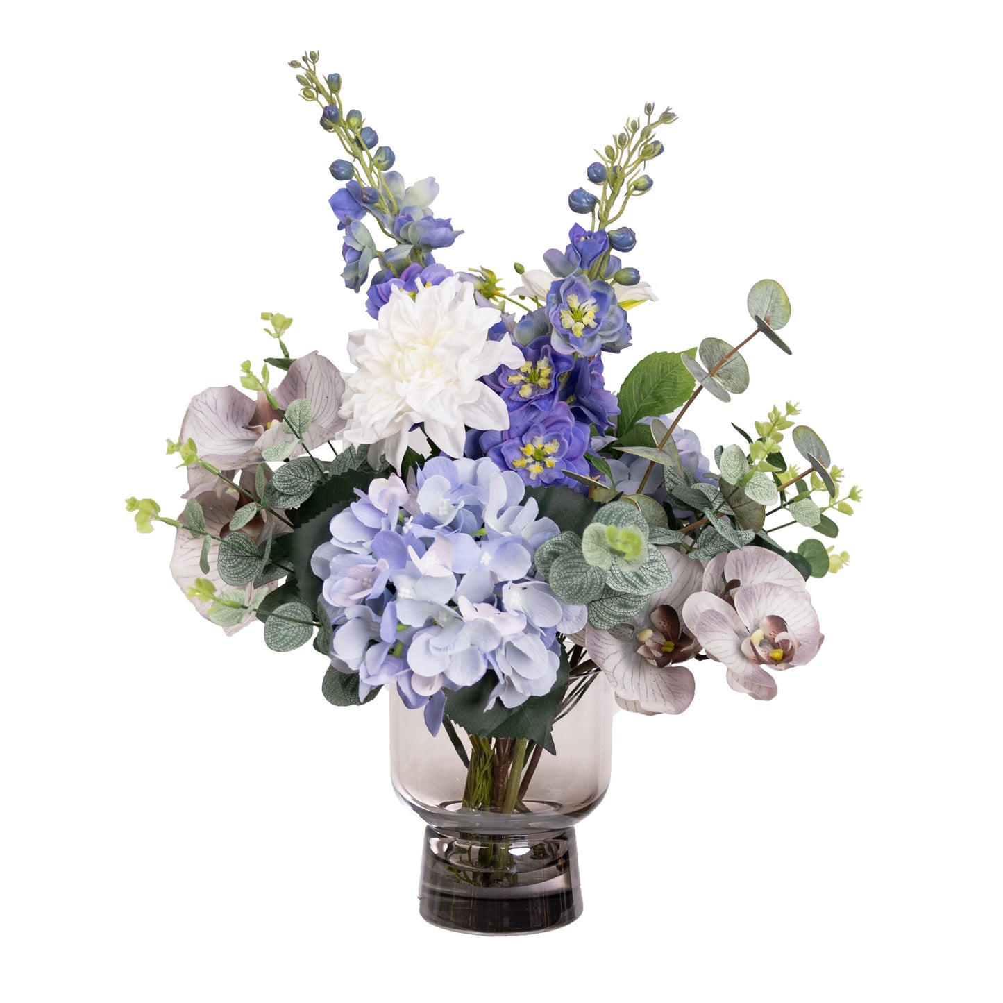 50cm Artificial Delphinium & Hydrangea Mixed Arrangement in Glass Blue