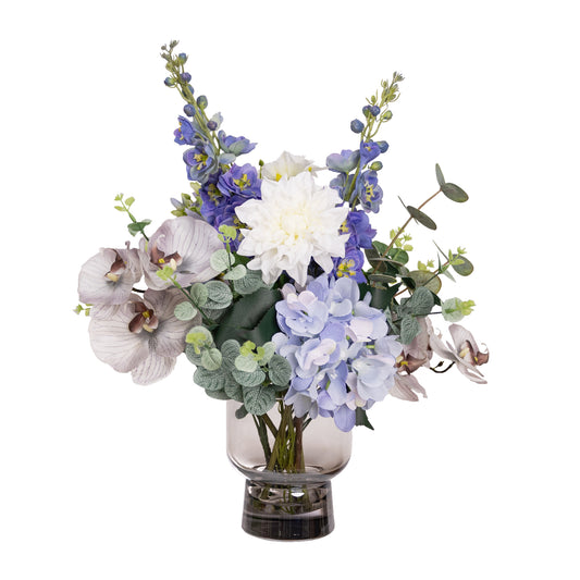 50cm Artificial Delphinium & Hydrangea Mixed Arrangement in Glass Blue