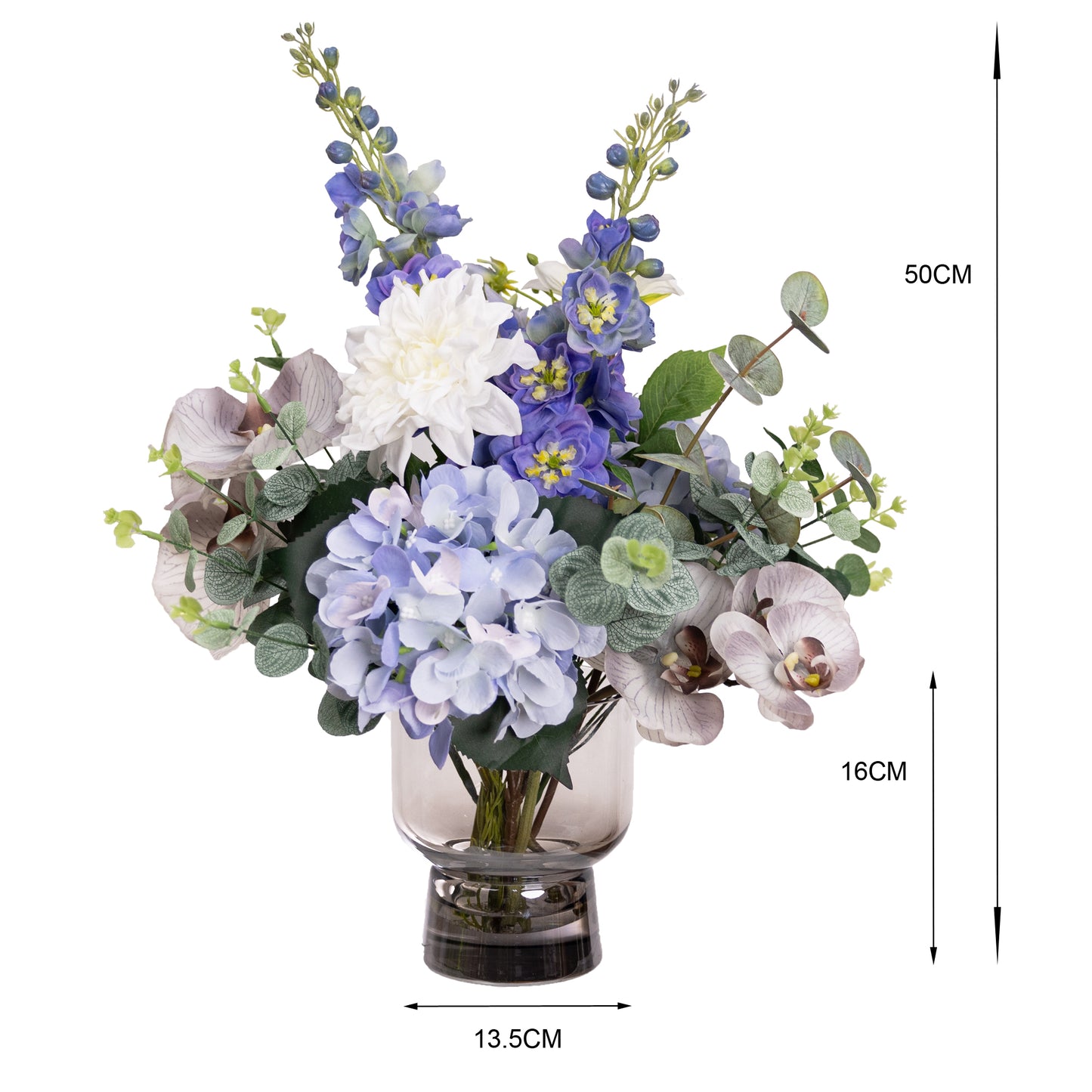 50cm Artificial Delphinium & Hydrangea Mixed Arrangement in Glass Blue