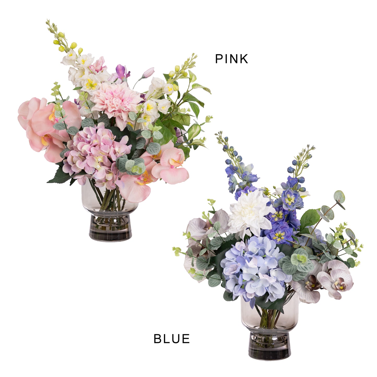 50cm Artificial Delphinium & Hydrangea Mixed Arrangement in Glass Pink