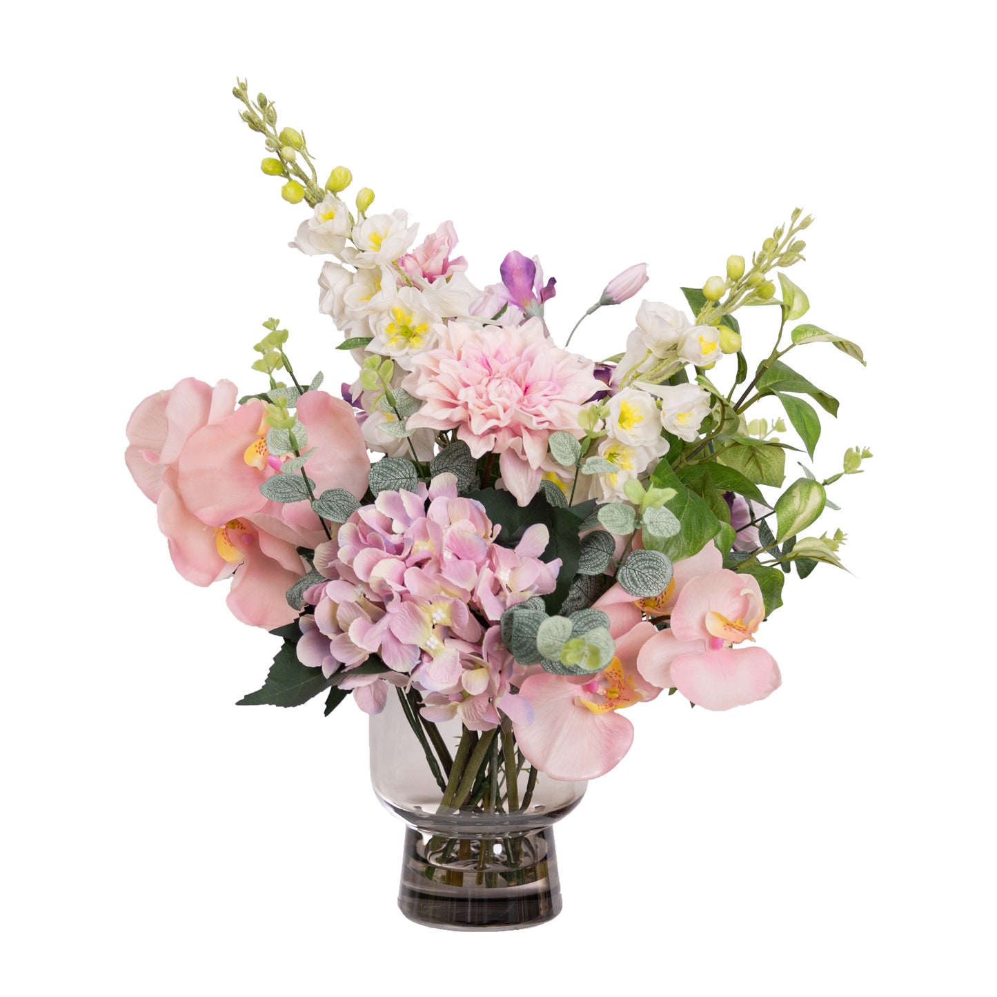 50cm Artificial Delphinium & Hydrangea Mixed Arrangement in Glass Pink