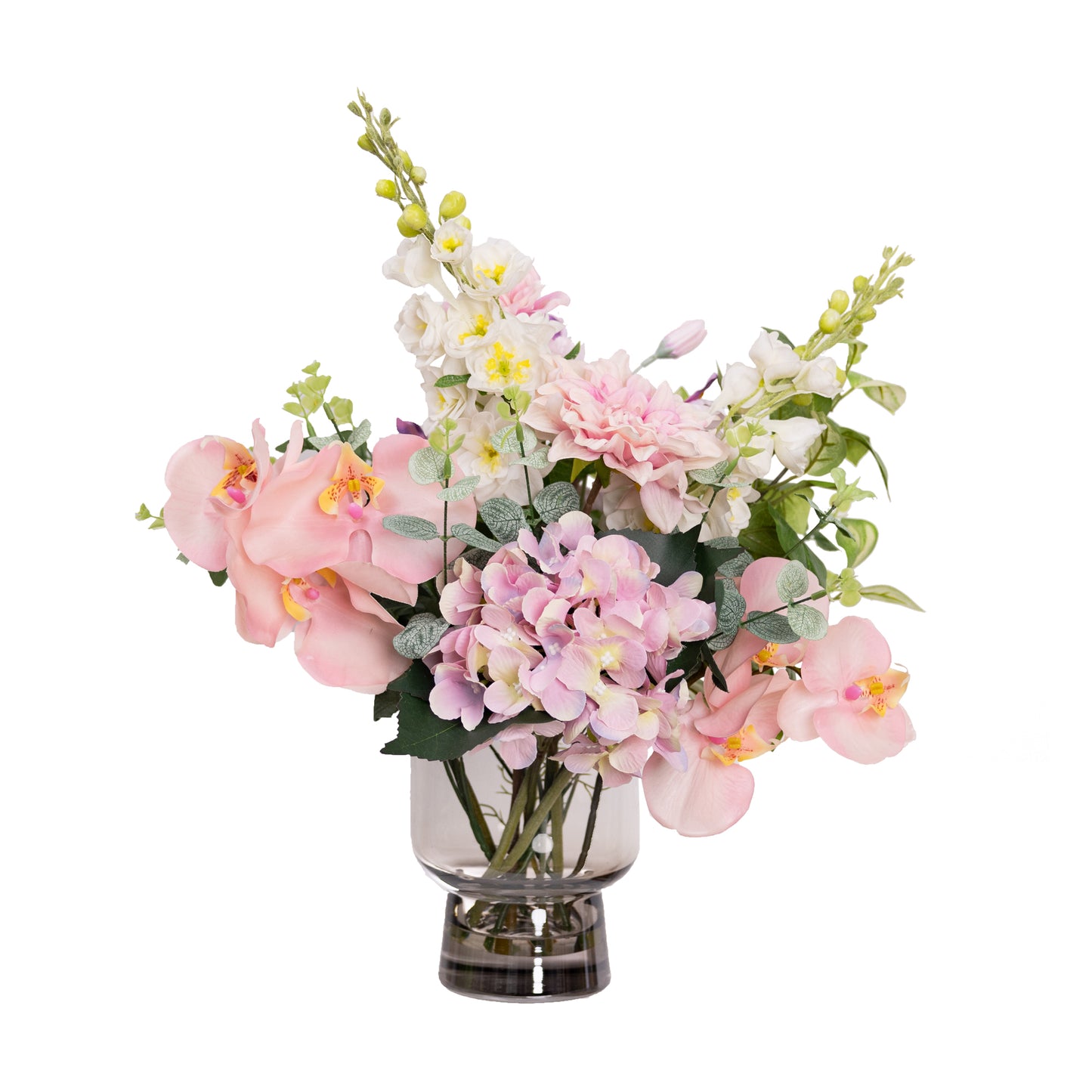 50cm Artificial Delphinium & Hydrangea Mixed Arrangement in Glass Pink