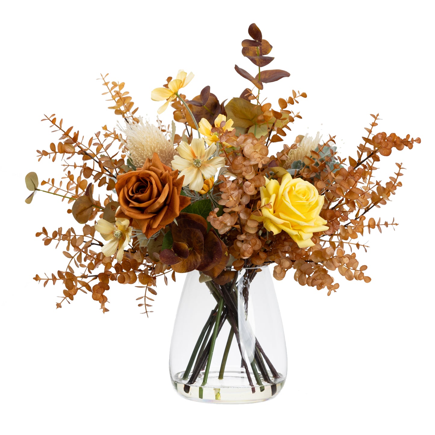 50cm Artificial Rose & Daisy Mixed Arrangement in Glass Orange