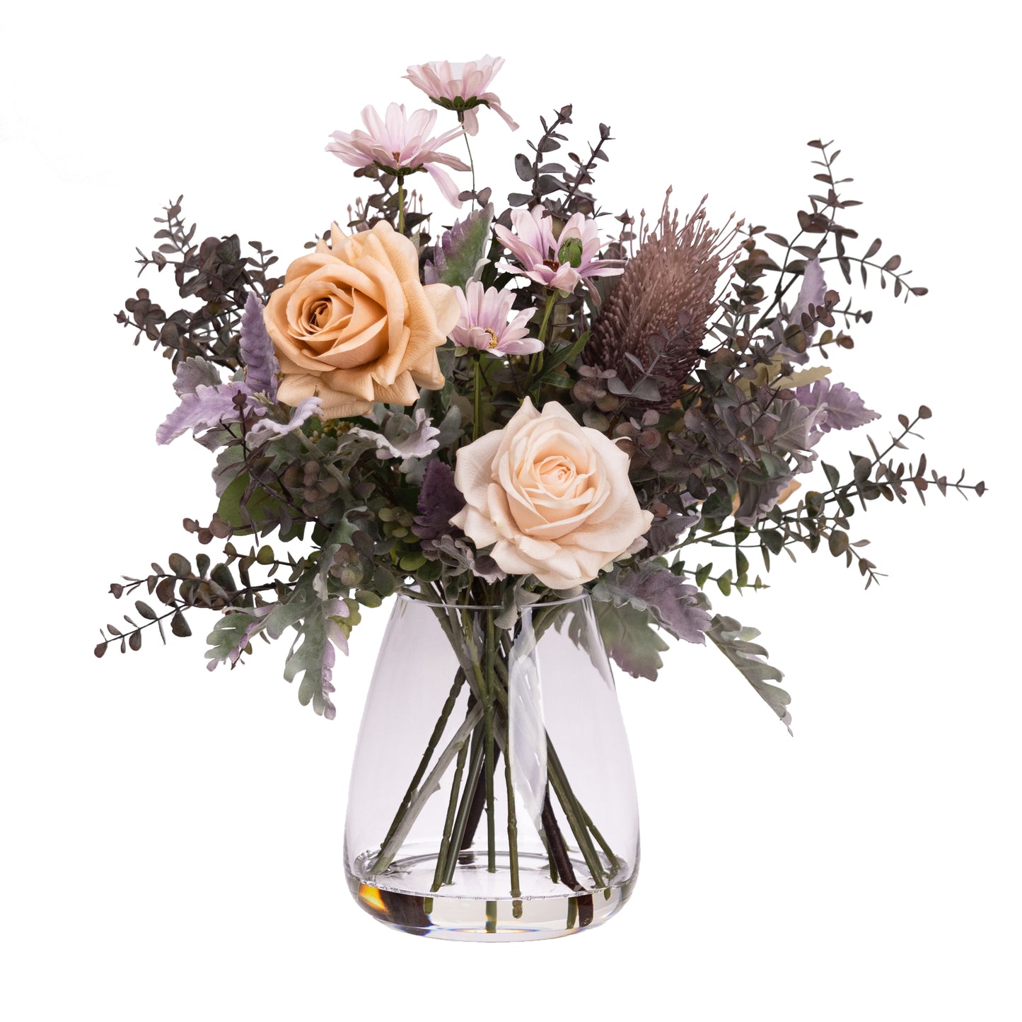 50cm Artificial Rose & Daisy Mixed Arrangement in Glass Purple