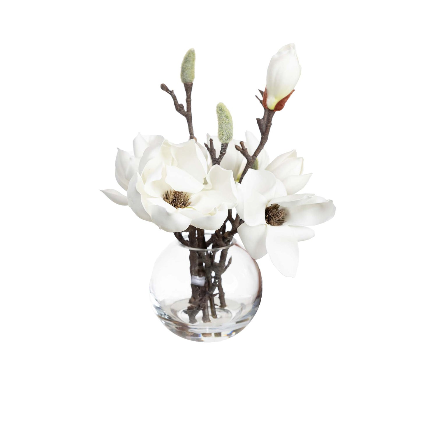 25CM MAGNOLIA SPRAY IN FISHBOWL VASE WHITE
