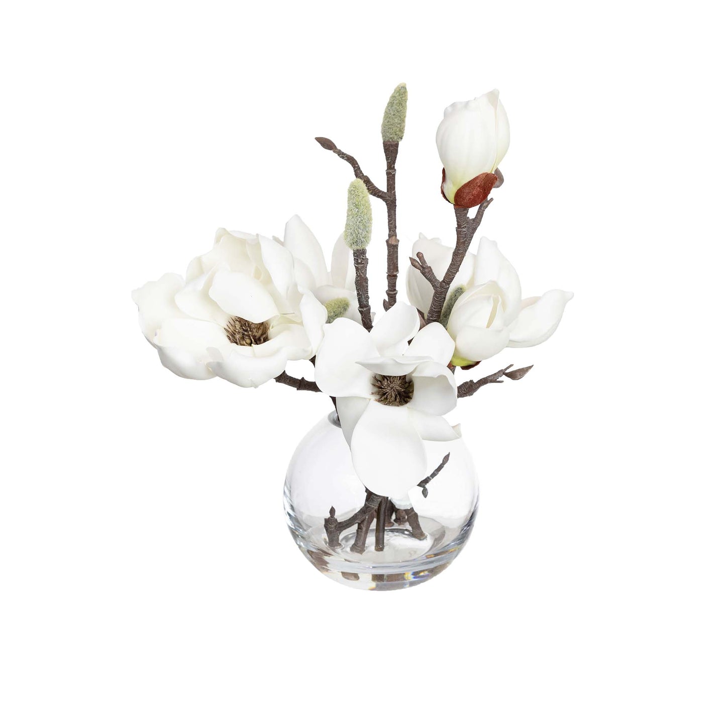 25CM MAGNOLIA SPRAY IN FISHBOWL VASE WHITE