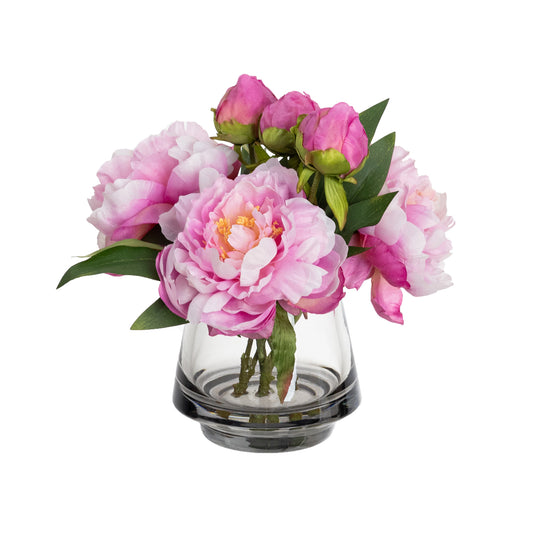 25cm Peony Mixed Arrangement in Glass Pink