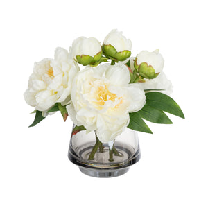 25CM PEONY MIXED ARRANGEMENT IN GLASS WHITE