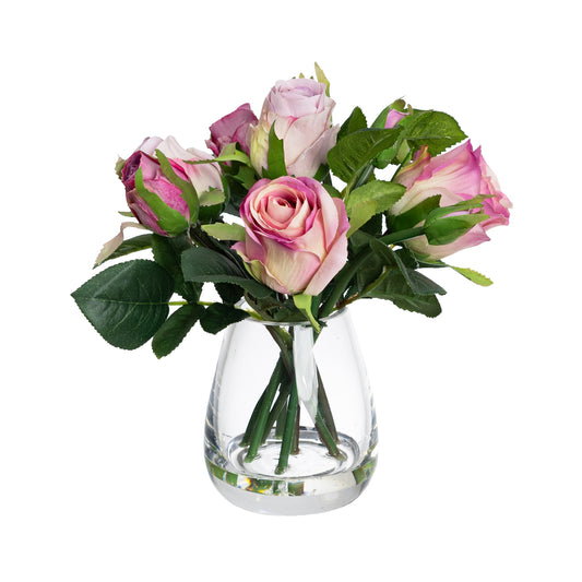 25cm Rose Arrangement in Glass Purple