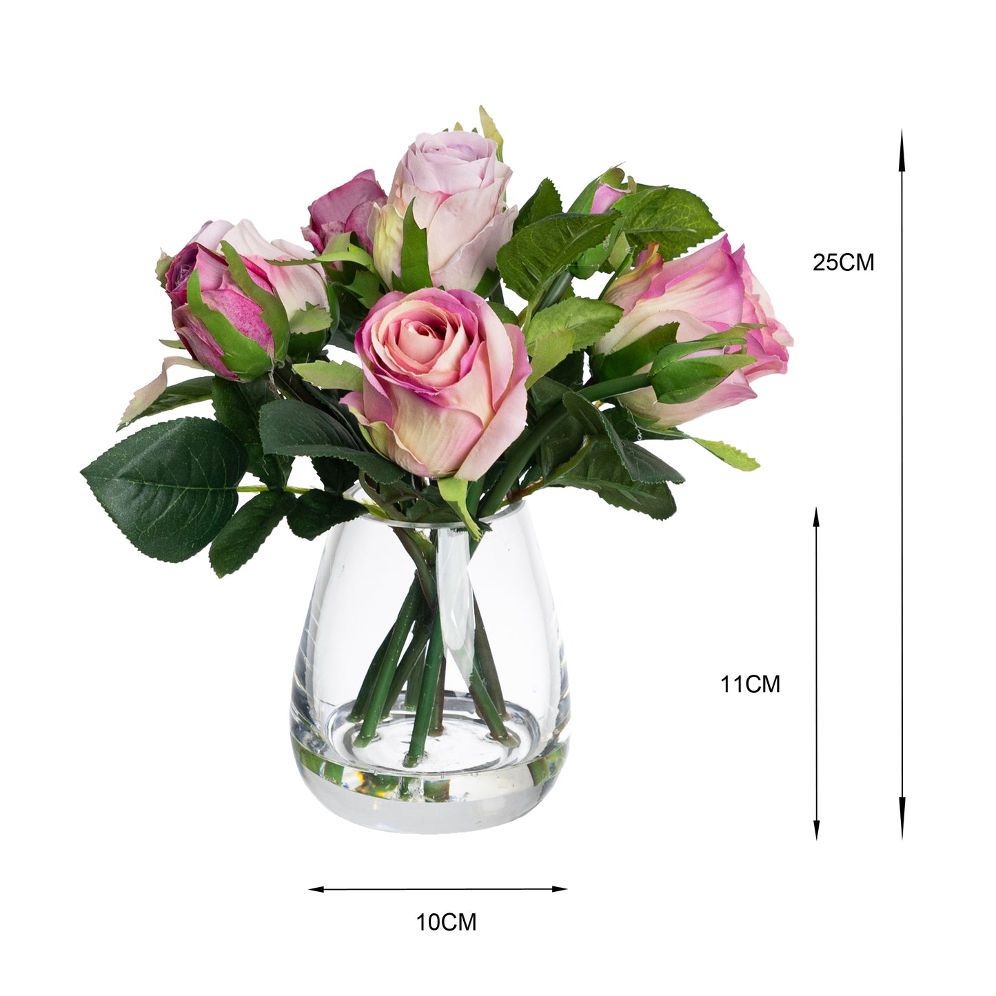 25cm Rose Arrangement in Glass Purple