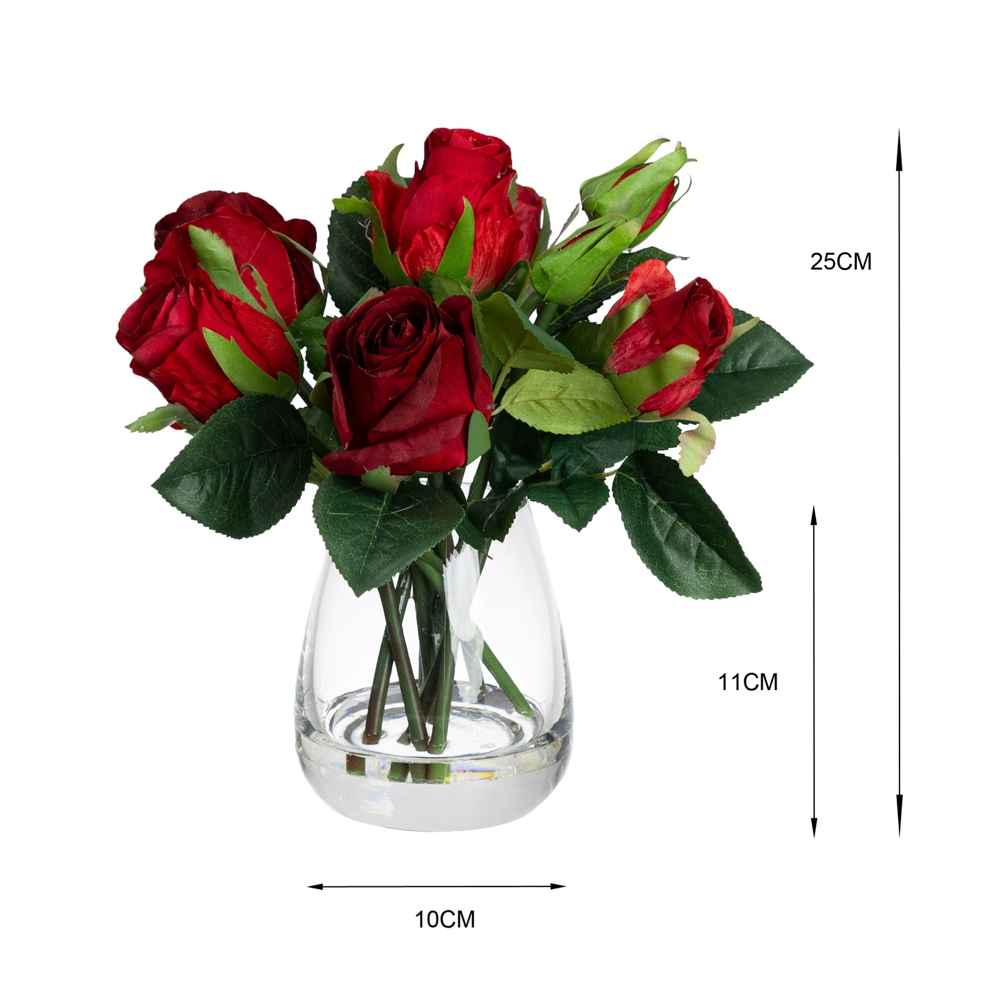 25cm Rose Arrangement in Glass Red