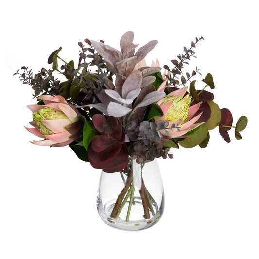 Glamorous Fusion 36cm Protea & Eucalyptus Mixed Arrangement in Glass Vase - Artificial Flower Arrangements and Artificial Plants