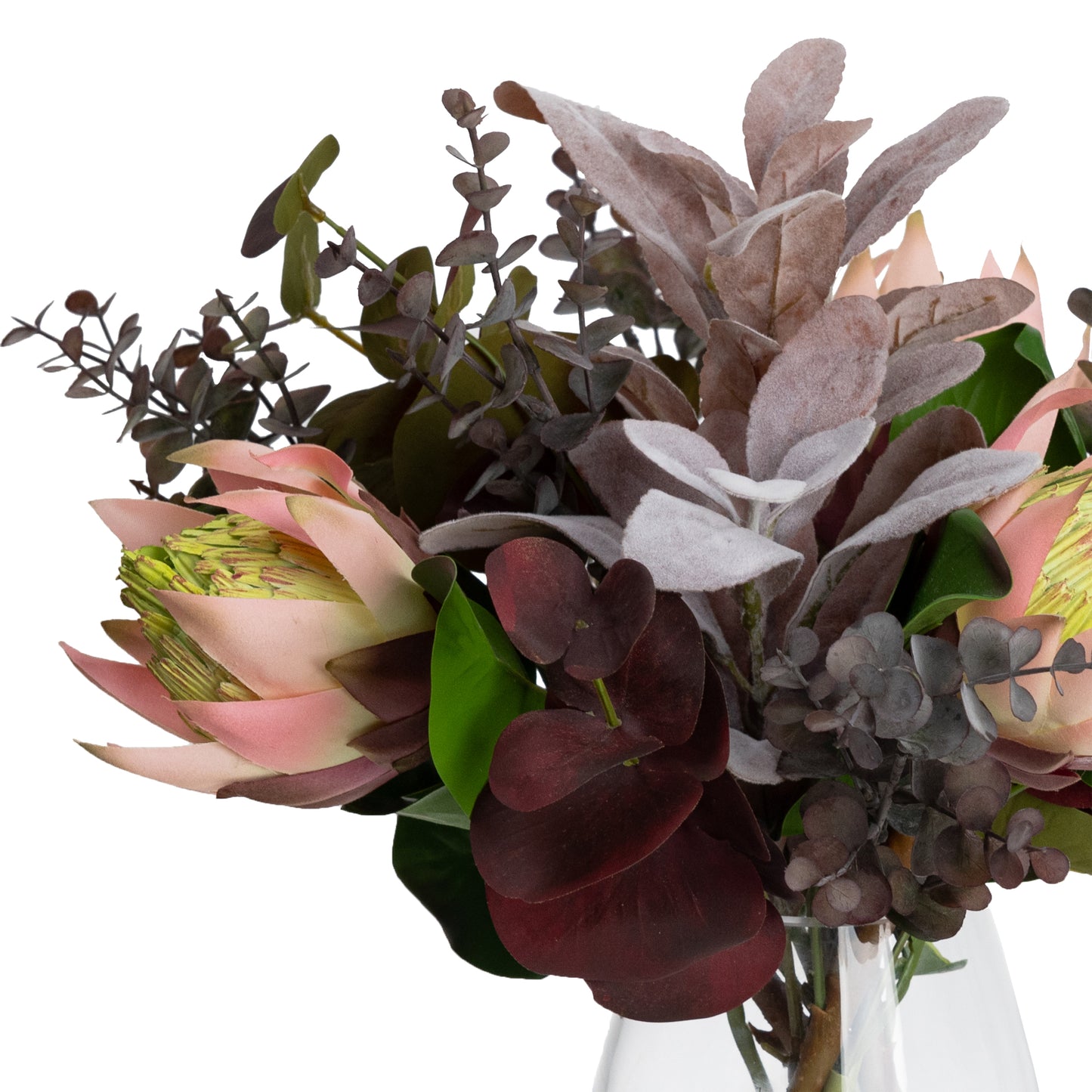 Glamorous Fusion 36cm Protea & Eucalyptus Mixed Arrangement in Glass Vase - Artificial Flower Arrangements and Artificial Plants