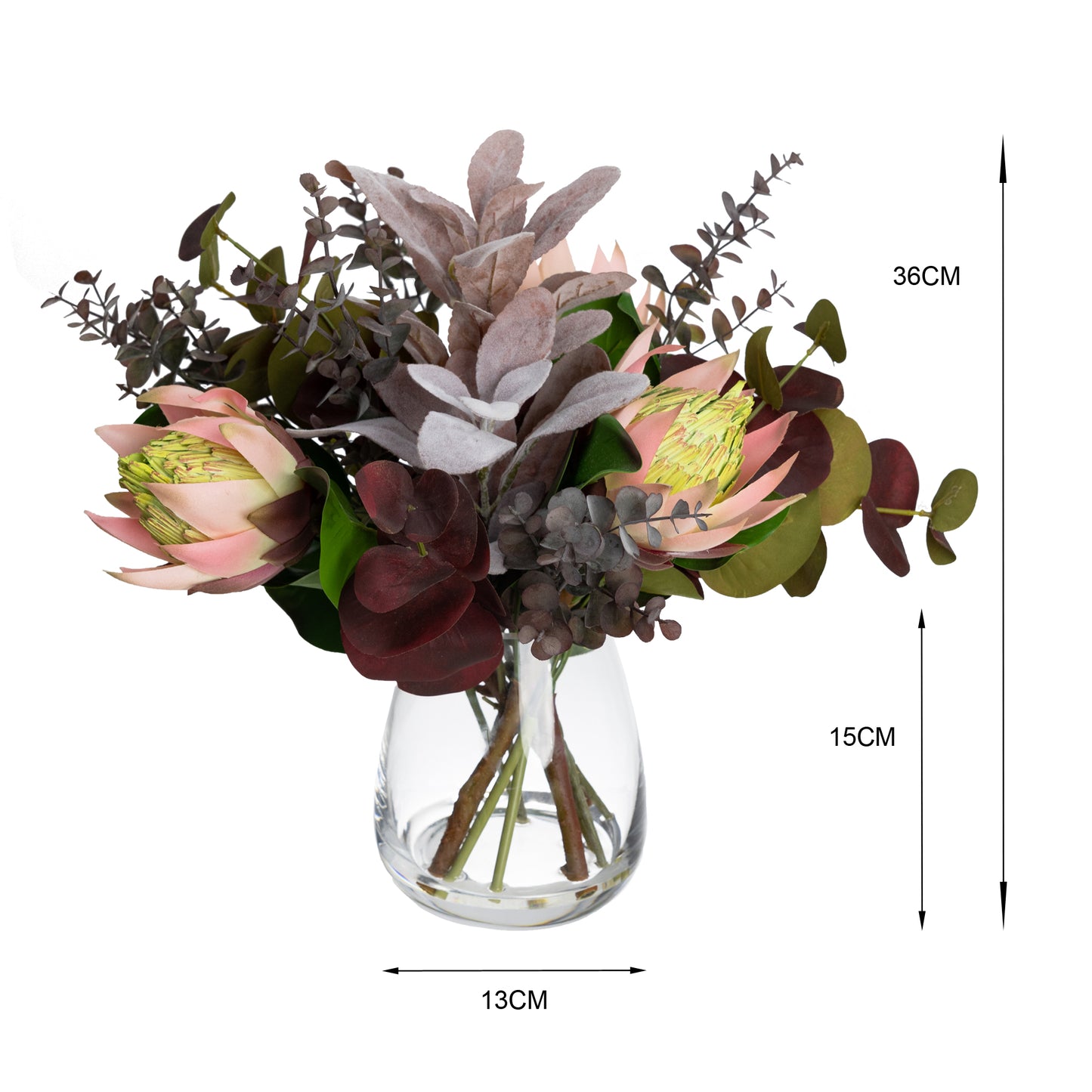 Glamorous Fusion 36cm Protea & Eucalyptus Mixed Arrangement in Glass Vase - Artificial Flower Arrangements and Artificial Plants