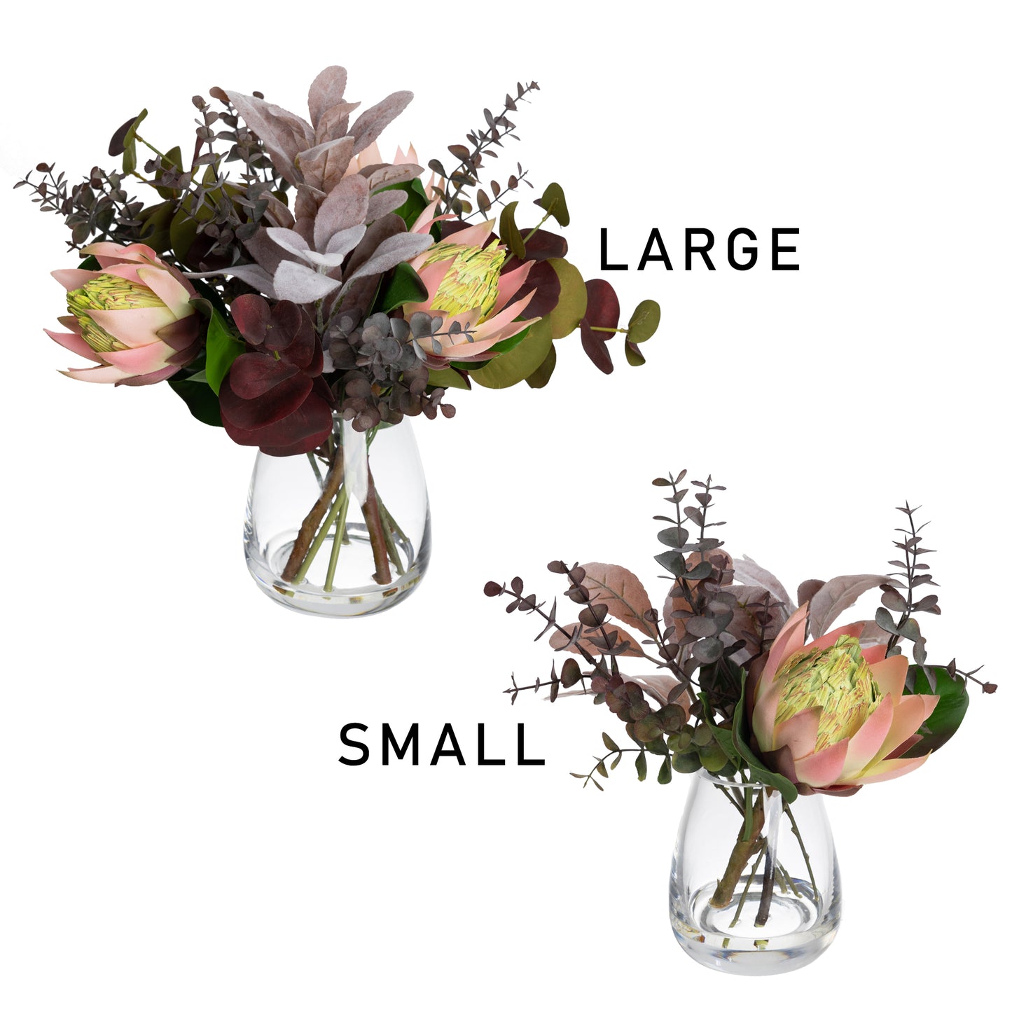 Glamorous Fusion 28cm Protea & Eucalyptus Mixed Arrangement in Glass Vase - Artificial Flower Arrangements and Artificial Plants