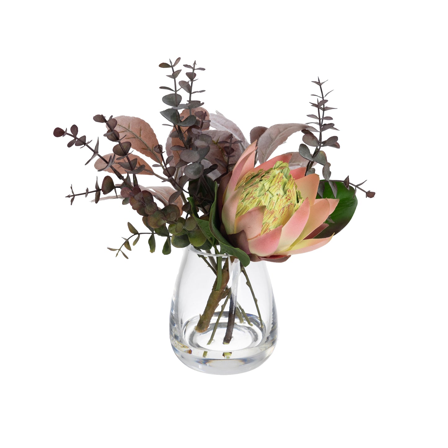 Glamorous Fusion 28cm Protea & Eucalyptus Mixed Arrangement in Glass Vase - Artificial Flower Arrangements and Artificial Plants