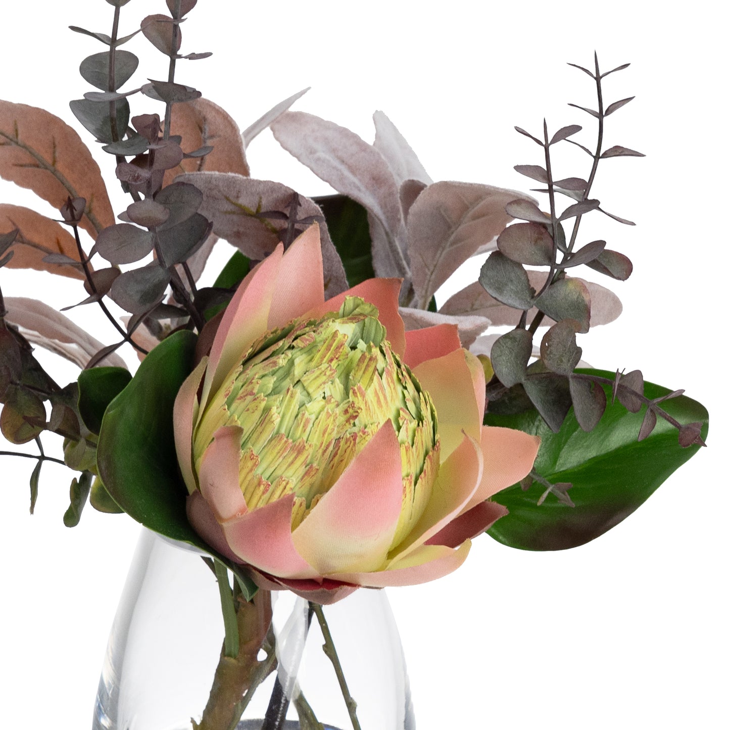 Glamorous Fusion 28cm Protea & Eucalyptus Mixed Arrangement in Glass Vase - Artificial Flower Arrangements and Artificial Plants