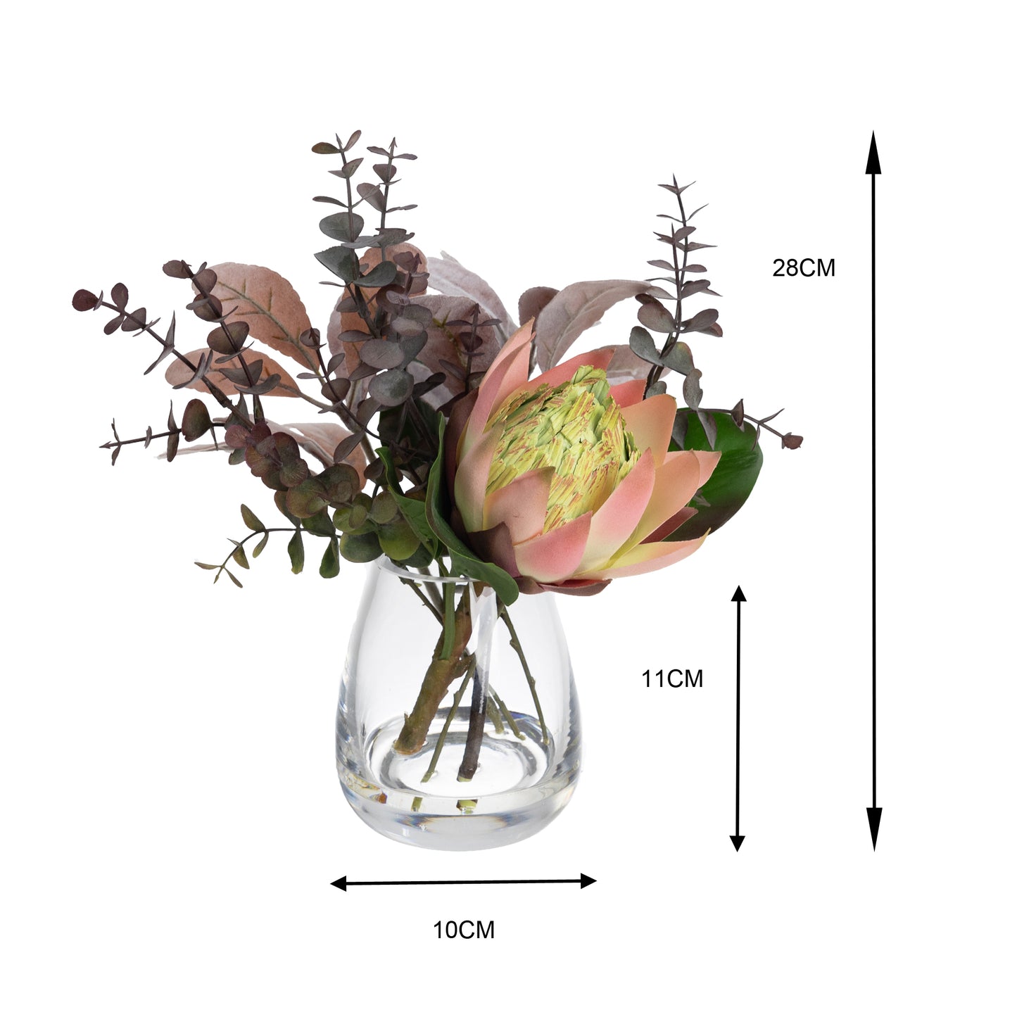 Glamorous Fusion 28cm Protea & Eucalyptus Mixed Arrangement in Glass Vase - Artificial Flower Arrangements and Artificial Plants