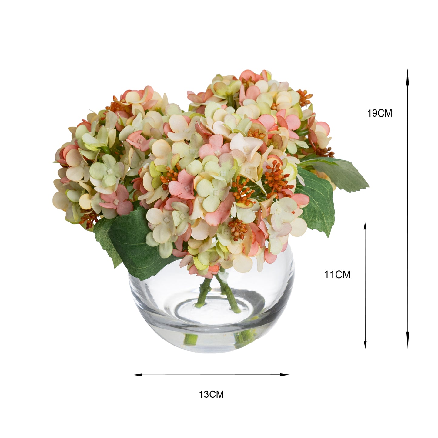 19cm Artificial Hydrangea Arrangement in Fishbowl Vase