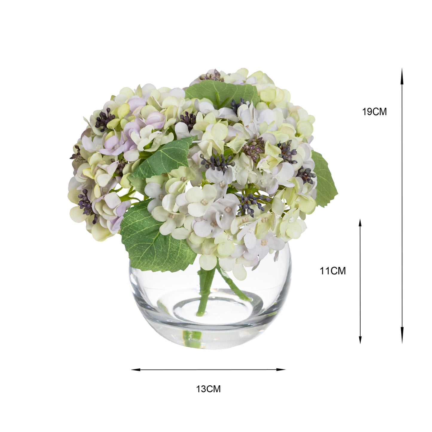 19cm Artificial Hydrangea Arrangement in Fishbowl Vase