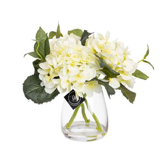 Glamorous Fusion 30cm Hydrangea Arrangement in Glass Vase - Artificial Flower Arrangements and Artificial Plants