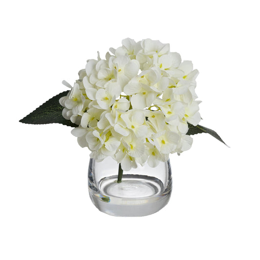 Glamorous Fusion 20cm Mini Hydrangea Arrangement in Glass Vase - Artificial Flower Arrangements and Artificial Plants