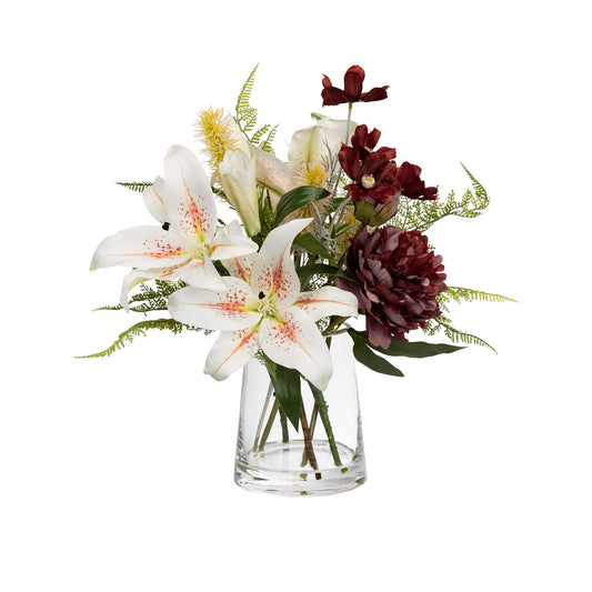 Glamorous Fusion 48cm Lily Mixed Arrangement in Glass Vase - Artificial Flower Arrangements and Artificial Plants