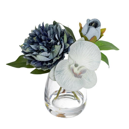 Glamorous Fusion 22cm Peony & Orchid Mixed Arrangement in Glass Vase - Artificial Flower Arrangements and Artificial Plants