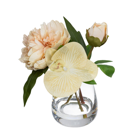 Glamorous Fusion 22cm Peony & Orchid Mixed Arrangement in Glass Vase - Artificial Flower Arrangements and Artificial Plants