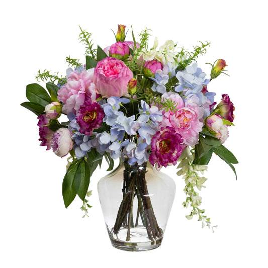 Hydrangea, Peony & Wisteria Mixed Arrangement in Glass