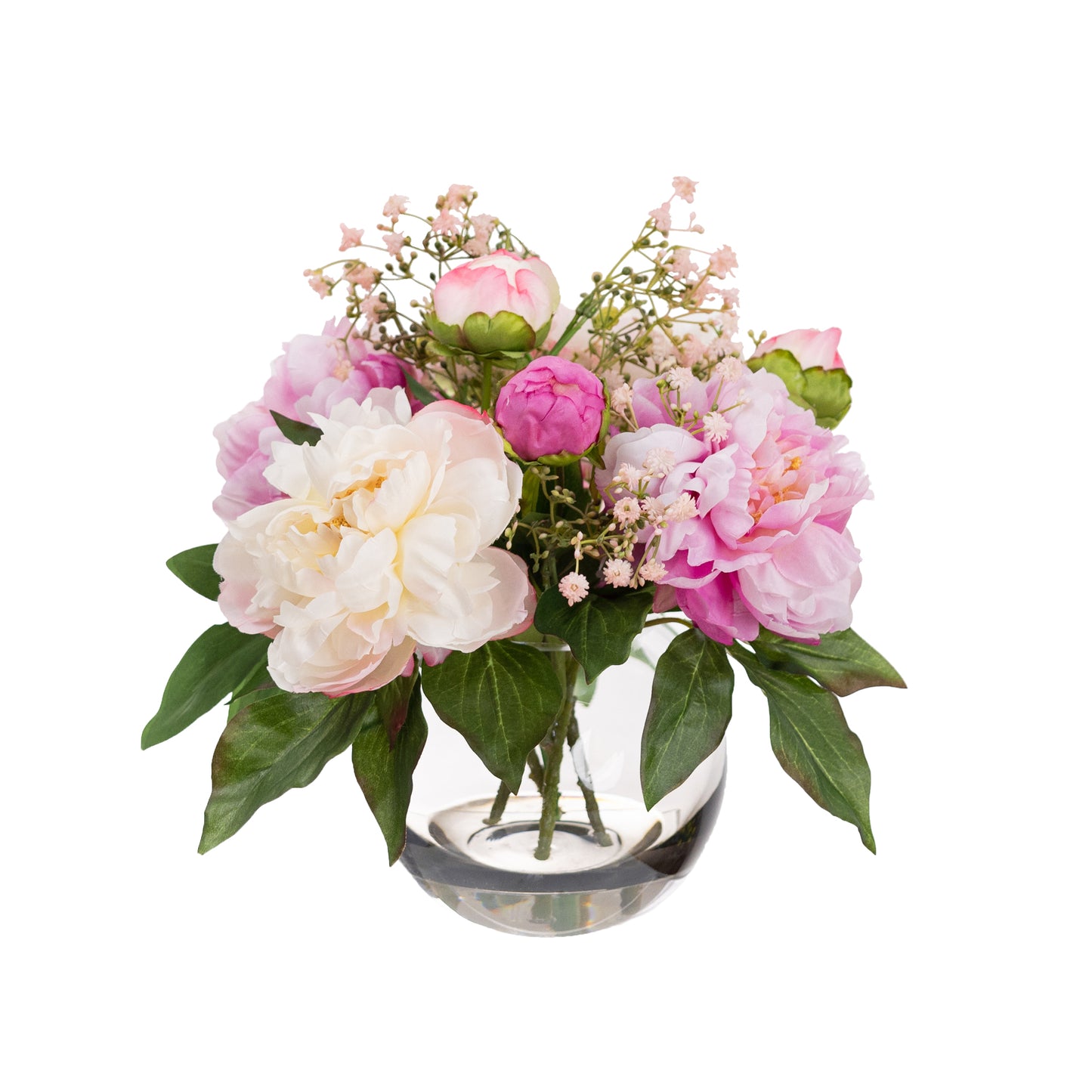 34cm Artificial Peony Mixed Arrangement in Fishbowl Vase Pink