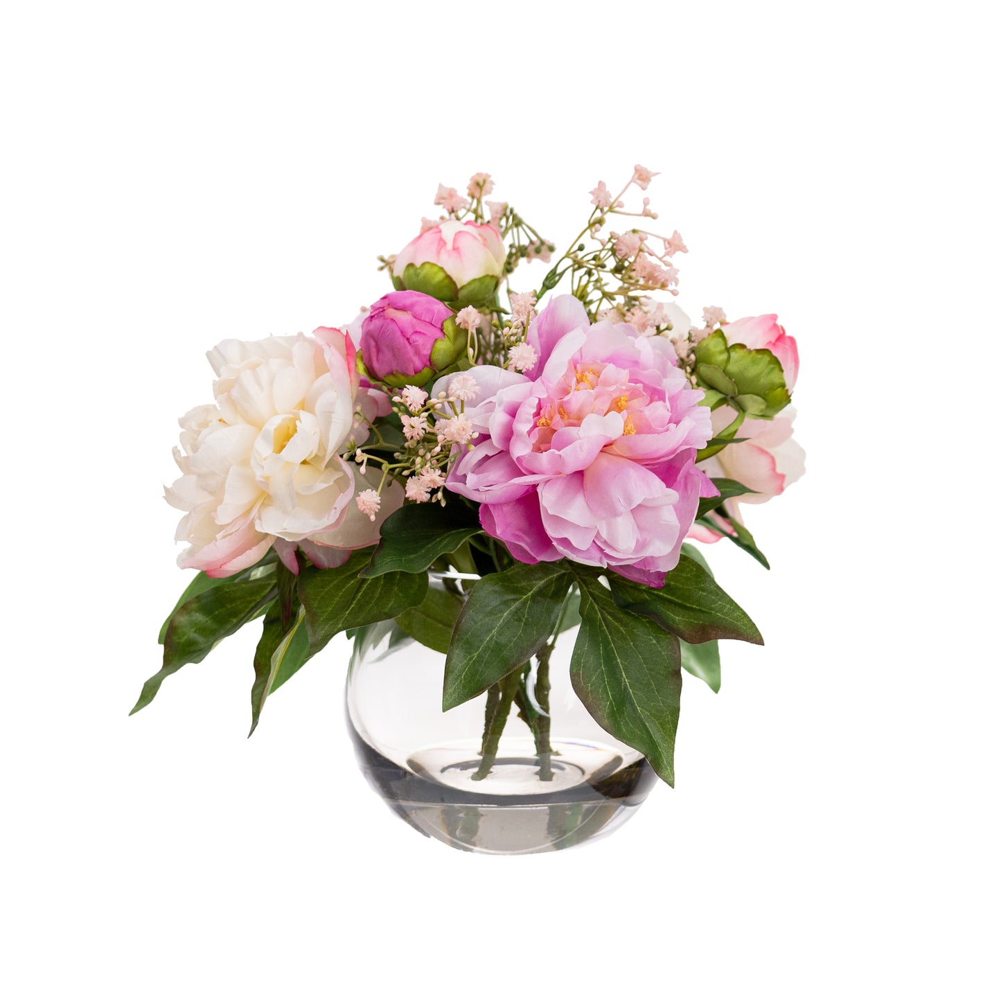 34cm Artificial Peony Mixed Arrangement in Fishbowl Vase Pink