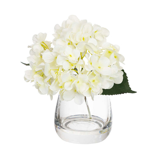 Glamorous Fusion 20cm Mini Hydrangea Arrangement in Glass Vase - Artificial Flower Arrangements and Artificial Plants